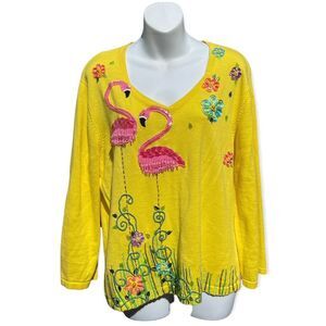 Jack B Quick Vintage Yellow, Pink, Green, V Neckline Sweater Size XL